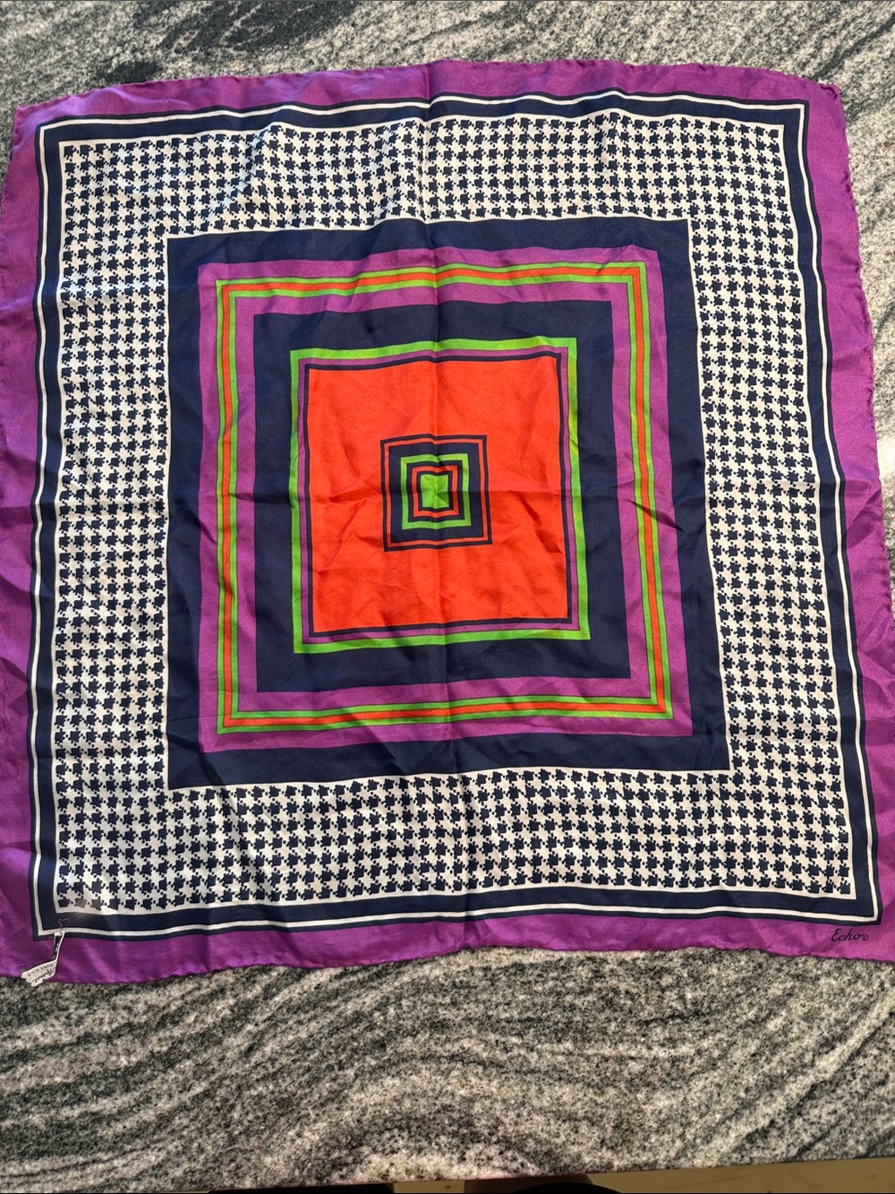 Vibrant Geometric Square Silk Scarf - Purple, Orange, Green, Navy